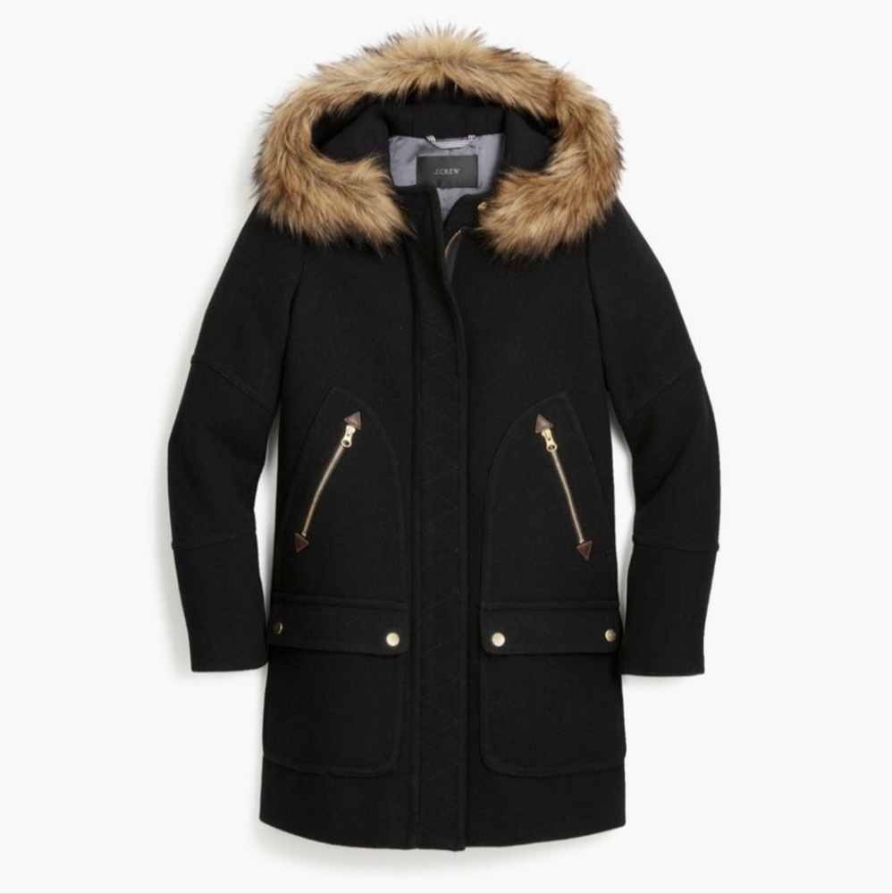 J. Crew Chateau Parka Pea Coat in Italian Stadium Cloth Wool 00 XXS Winter Fur